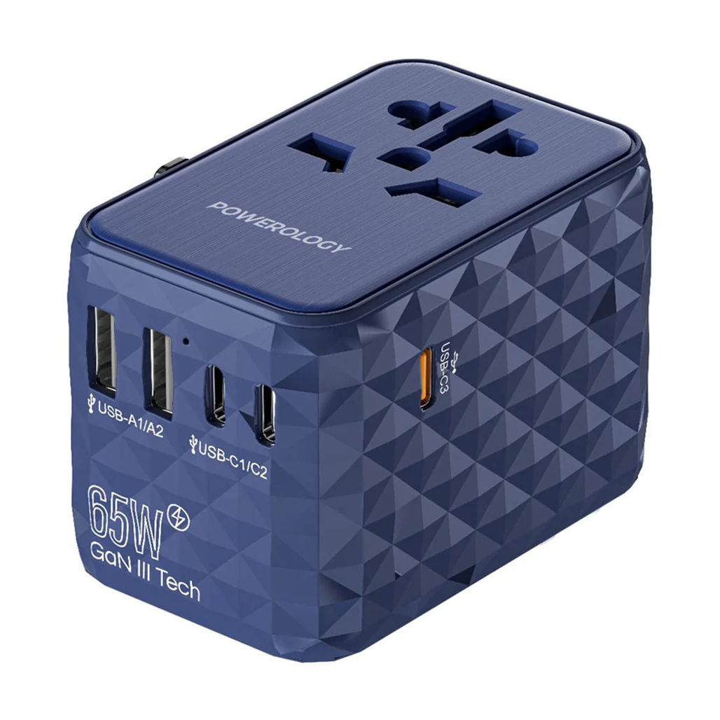 Powerology Universal Multi-Port Travel Adapter PD 65W – Compact, Fast Charging Solution with GaN Technology