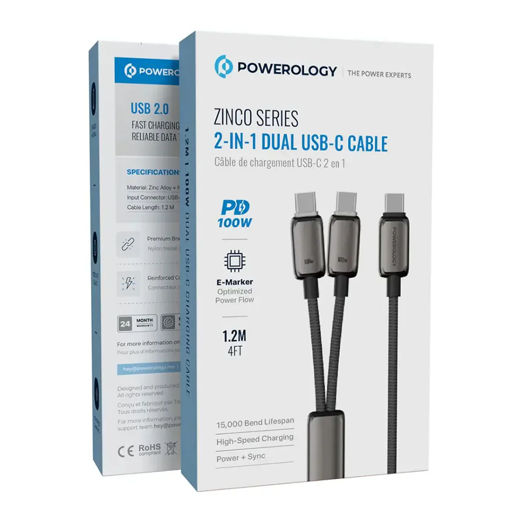 Powerology Zinco Series 2-In-1 Dual USB-C Cable - Dark Gray - Image 2