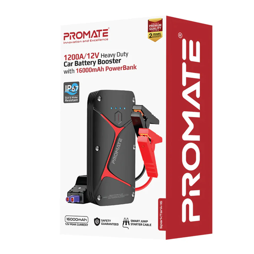 Promate 1200A/12V Heavy Duty Car Battery Booster with 16000mAh Power Bank - Image 2