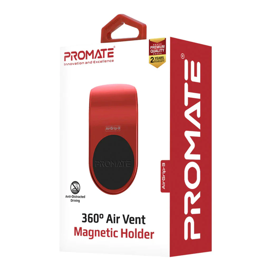 Promate AirGrip-3 360 Degree Air Vent Magnetic Holder | Universal Car Mount - Red - Image 2