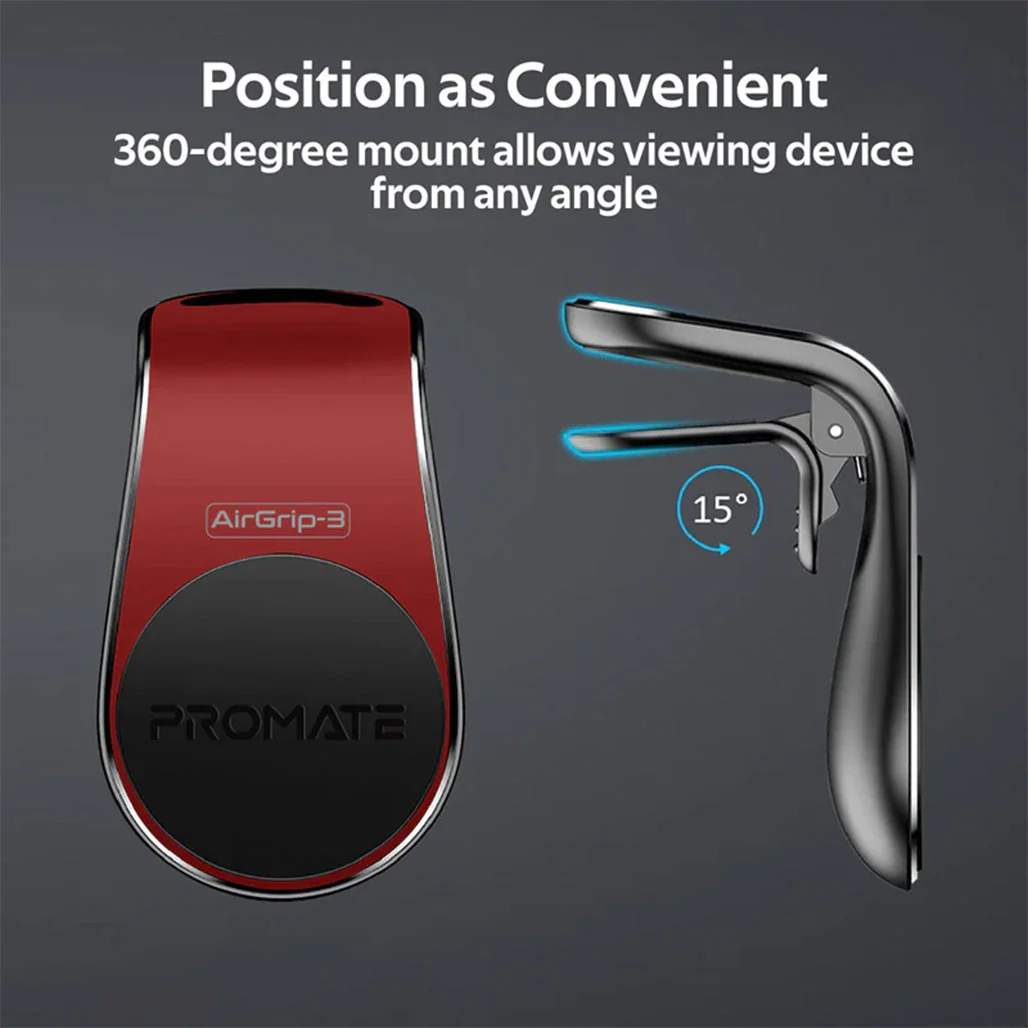 Promate AirGrip-3 360 Degree Air Vent Magnetic Holder | Universal Car Mount - Red - Image 4