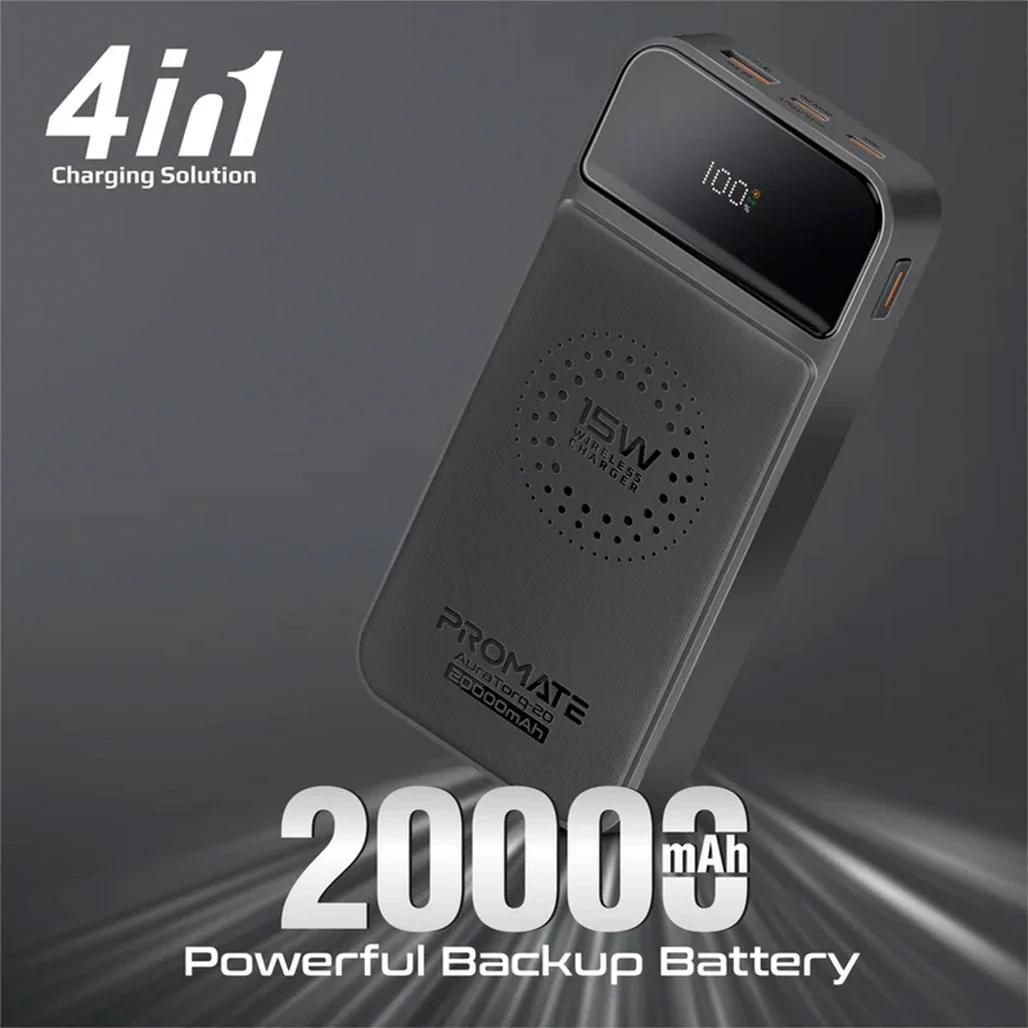 Promate AuraTorq-20 Ultra Slim 15W Wireless Charging Power Bank | 20W PD & QC3.0 Fast Charger - Image 10