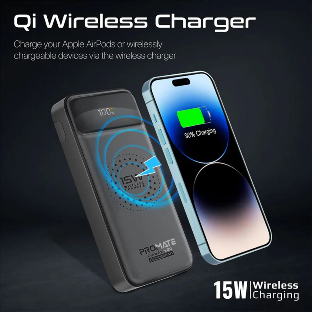 Promate AuraTorq-20 Ultra Slim 15W Wireless Charging Power Bank | 20W PD & QC3.0 Fast Charger - Image 6