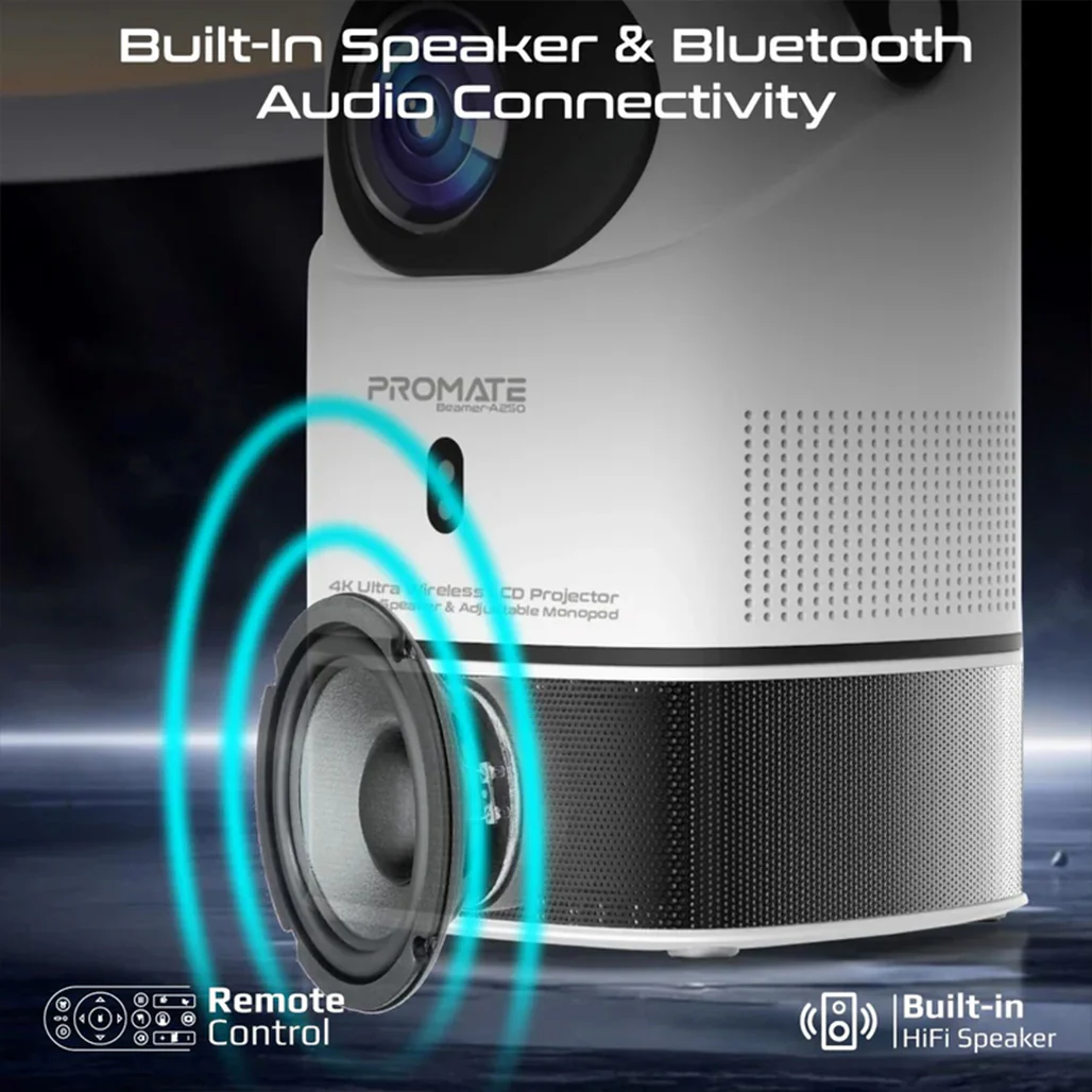 Promate Beamer-A250 4K Ultra HD Wireless LCD Projector with Built-In Speaker & Adjustable Monopod Stand - Image 5