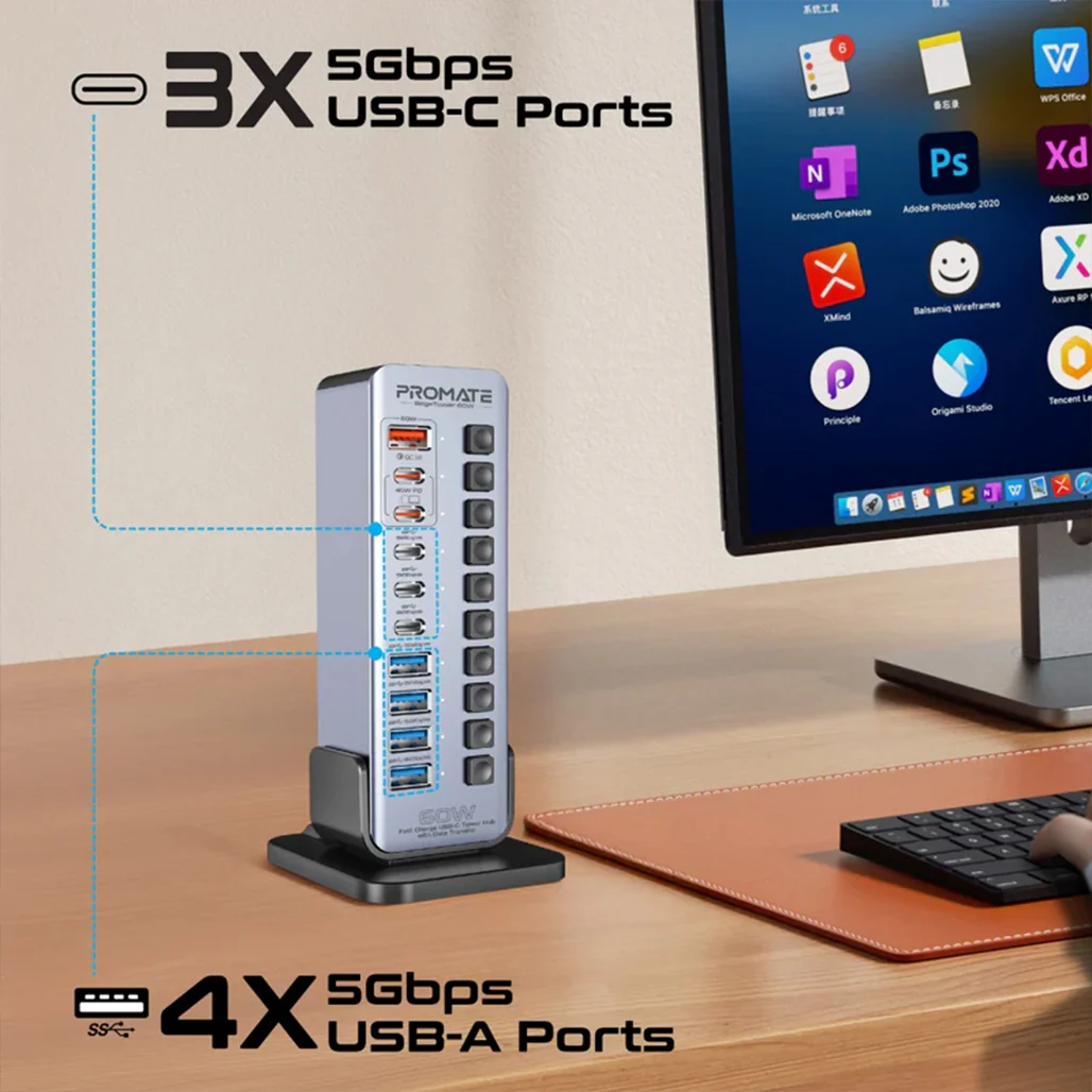 Promate GegaTower-60W | Fast Charging Multi-Port USB-C Hub with 5Gbps Data Transfer - Image 3