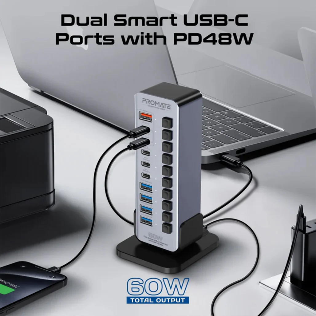 Promate GegaTower-60W | Fast Charging Multi-Port USB-C Hub with 5Gbps Data Transfer - Image 4