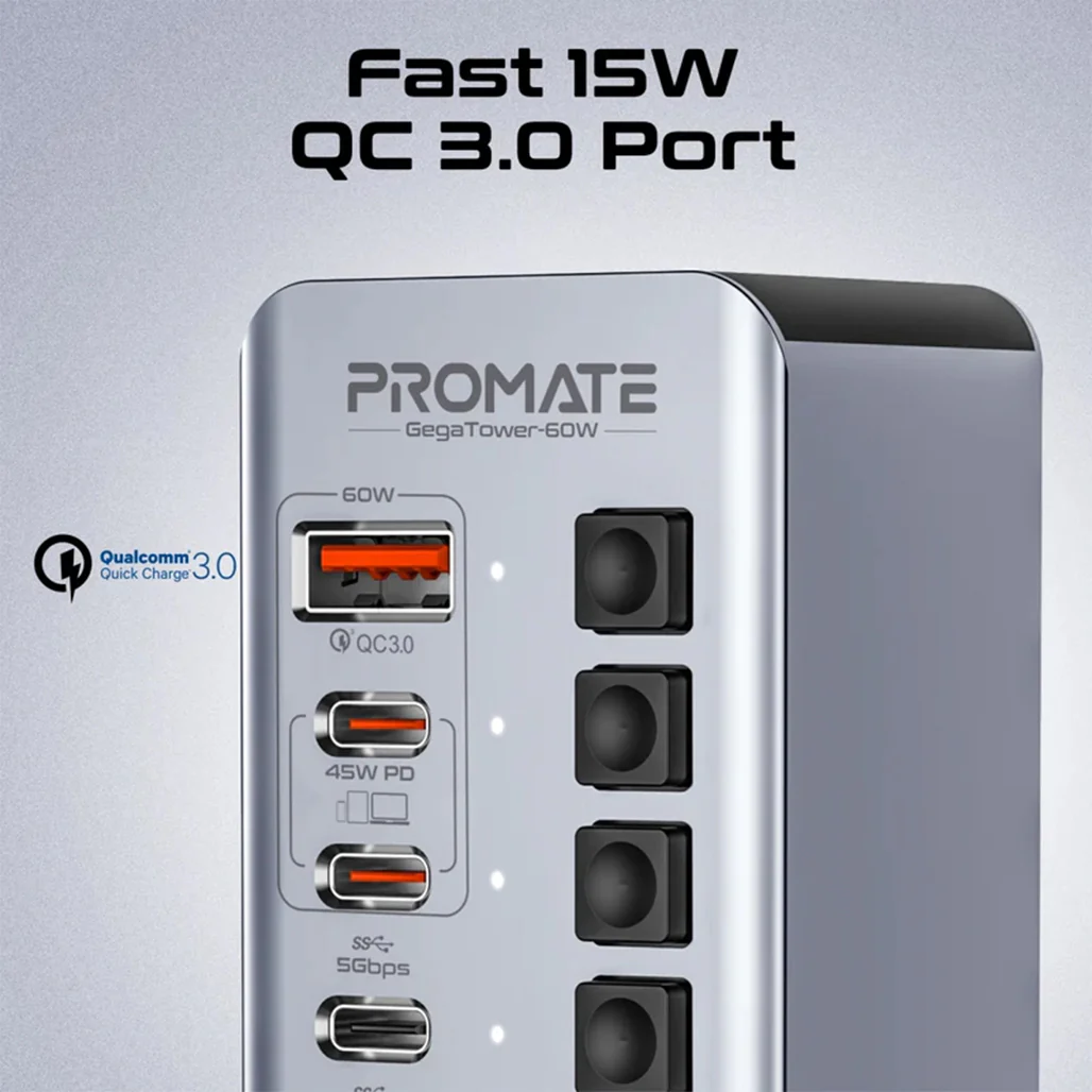 Promate GegaTower-60W | Fast Charging Multi-Port USB-C Hub with 5Gbps Data Transfer - Image 5