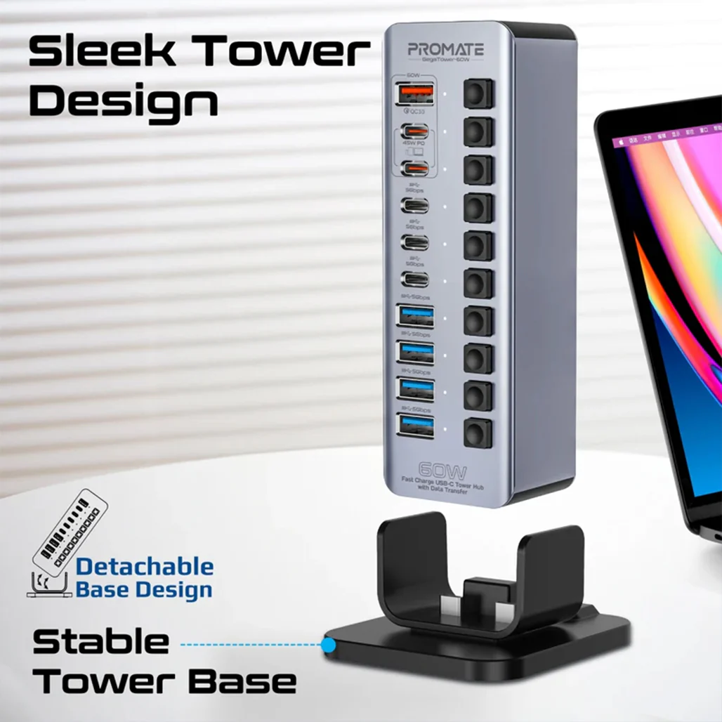 Promate GegaTower-60W | Fast Charging Multi-Port USB-C Hub with 5Gbps Data Transfer - Image 7