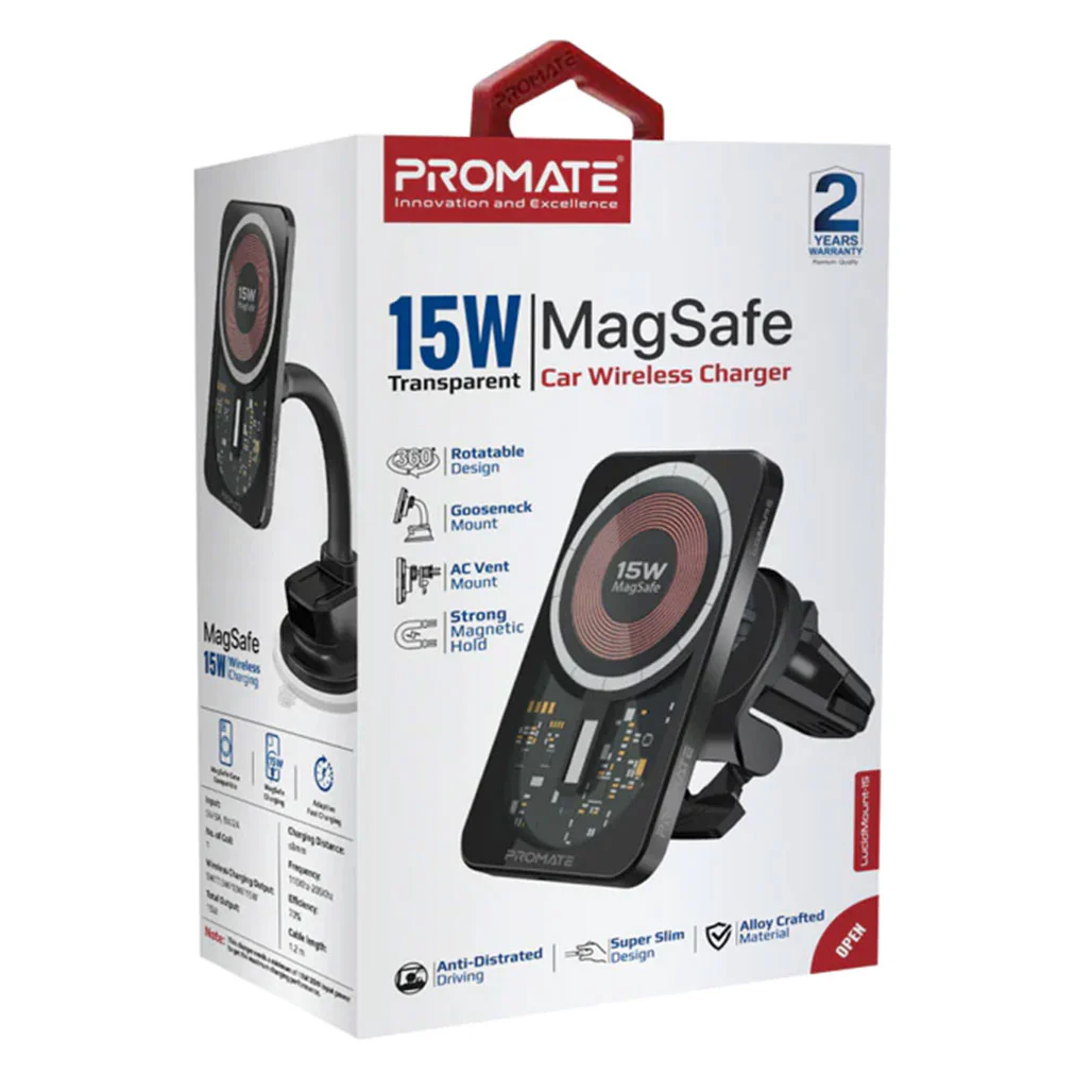 Promate LucidMount-15 15W MagSafe Transparent Car Wireless Charger | High-Speed Charging with Cradleless Design - Image 2