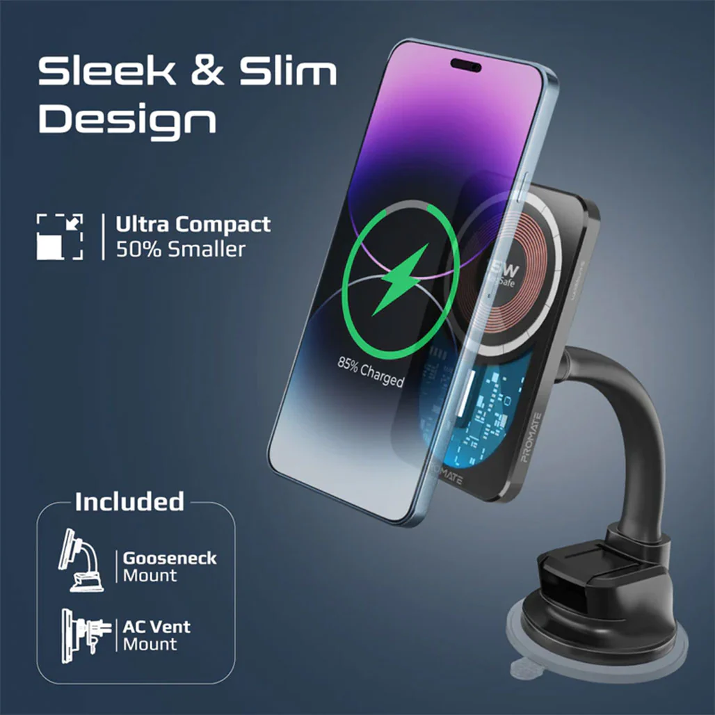 Promate LucidMount-15 15W MagSafe Transparent Car Wireless Charger | High-Speed Charging with Cradleless Design - Image 4