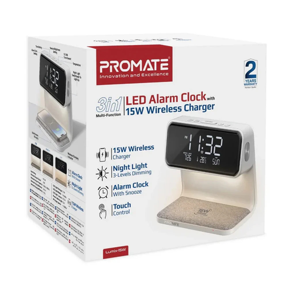 Promate Lumix-15W Multi-Function LED Alarm Clock with 15W Wireless Charger - Image 2