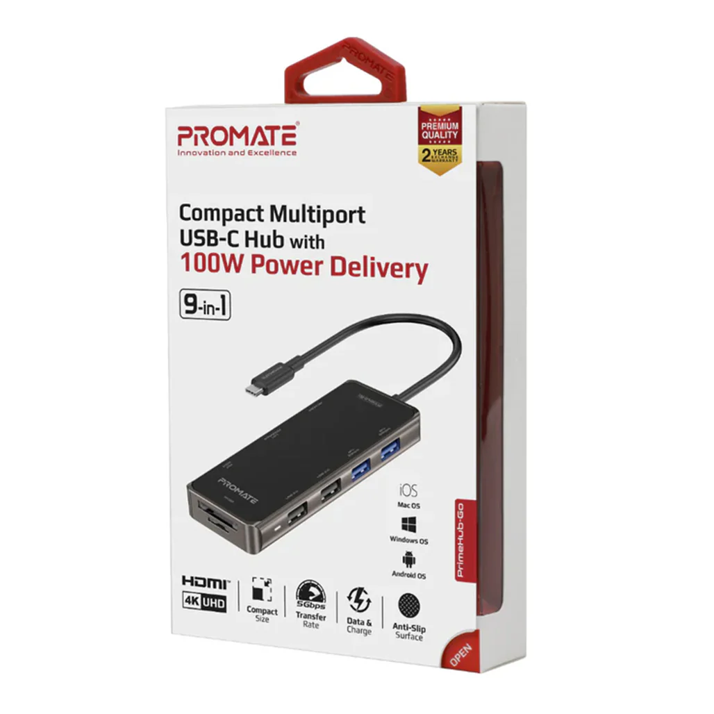 Promate PrimeHub-Go | 9-in-1 Multiport USB-C Hub with 100W Power Delivery, 4K HDMI, Ethernet, and More - Image 7
