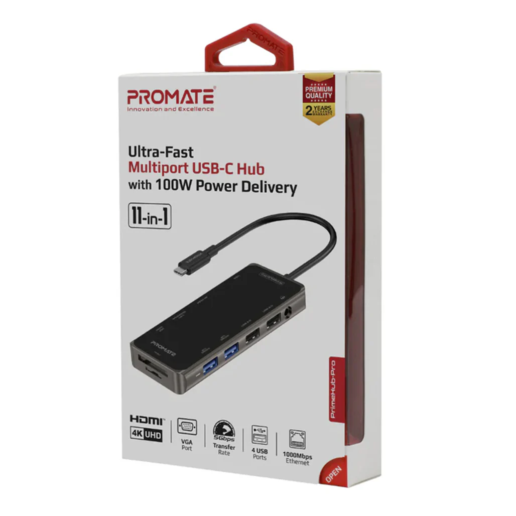 Promate PrimeHub-Pro Ultra-Fast Multiport USB-C Hub with 100W Power Delivery, 4K HDMI, VGA, Ethernet, USB Ports, SD/TF Card Reader - Image 7