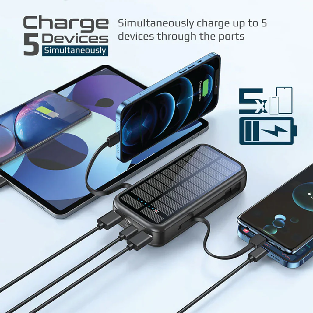 Promate SolarTank-20PDCi 20000mAh EcoLight™ Solar Power Bank with Built-in USB-C & Lightning Cables - Rugged, Quick Charging, Multi-Device Support - Image 3