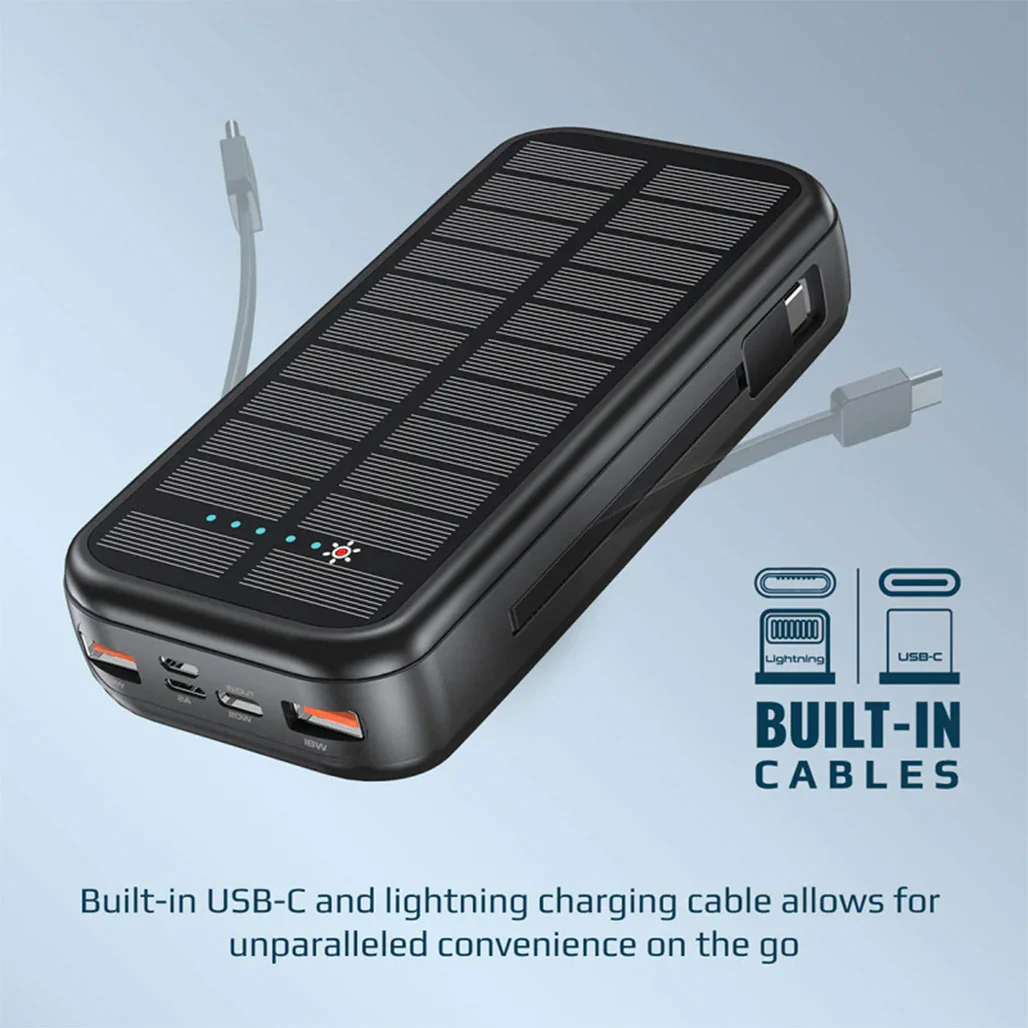 Promate SolarTank-20PDCi 20000mAh EcoLight™ Solar Power Bank with Built-in USB-C & Lightning Cables - Rugged, Quick Charging, Multi-Device Support - Image 4