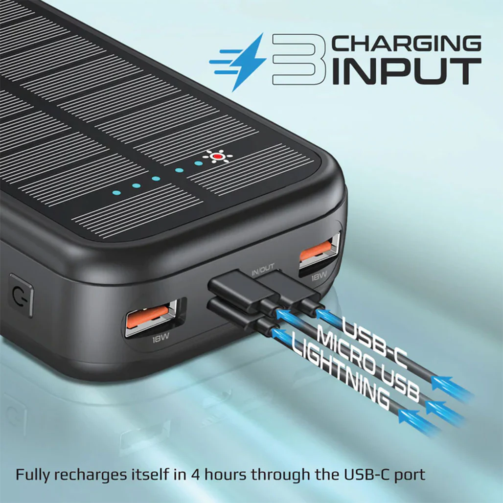 Promate SolarTank-20PDCi 20000mAh EcoLight™ Solar Power Bank with Built-in USB-C & Lightning Cables - Rugged, Quick Charging, Multi-Device Support - Image 5