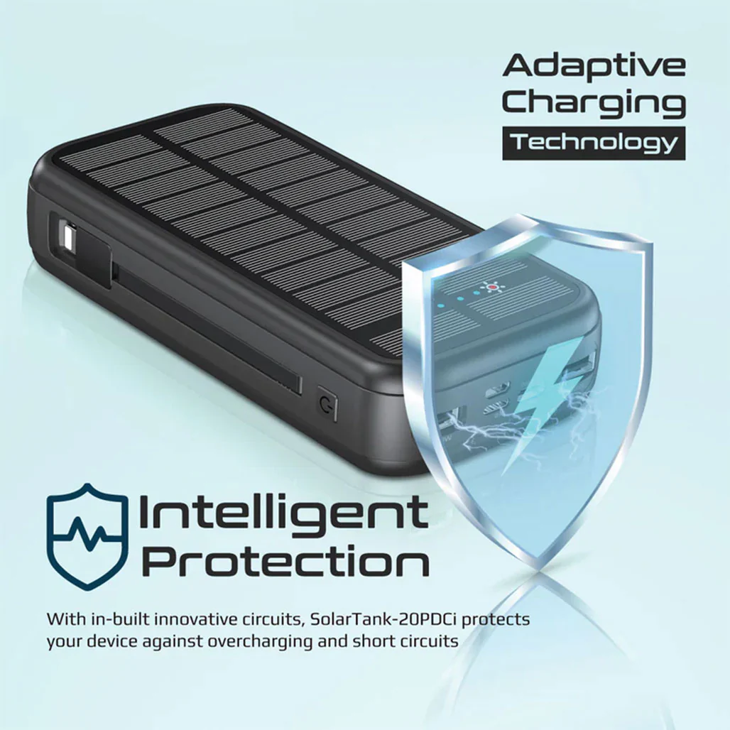 Promate SolarTank-20PDCi 20000mAh EcoLight™ Solar Power Bank with Built-in USB-C & Lightning Cables - Rugged, Quick Charging, Multi-Device Support - Image 6