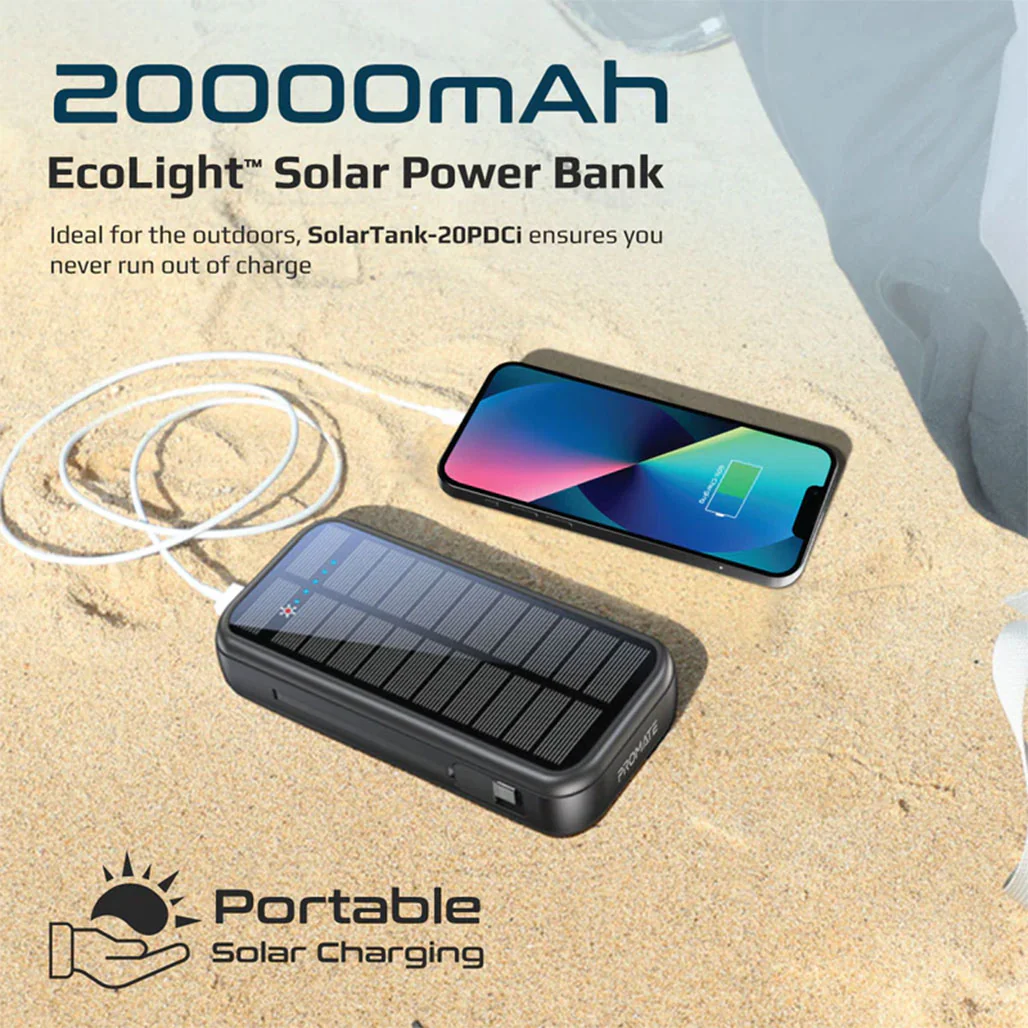 Promate SolarTank-20PDCi 20000mAh EcoLight™ Solar Power Bank with Built-in USB-C & Lightning Cables - Rugged, Quick Charging, Multi-Device Support - Image 7