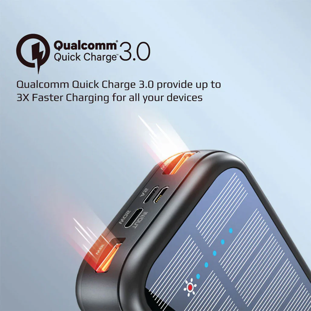 Promate SolarTank-20PDCi 20000mAh EcoLight™ Solar Power Bank with Built-in USB-C & Lightning Cables - Rugged, Quick Charging, Multi-Device Support - Image 8