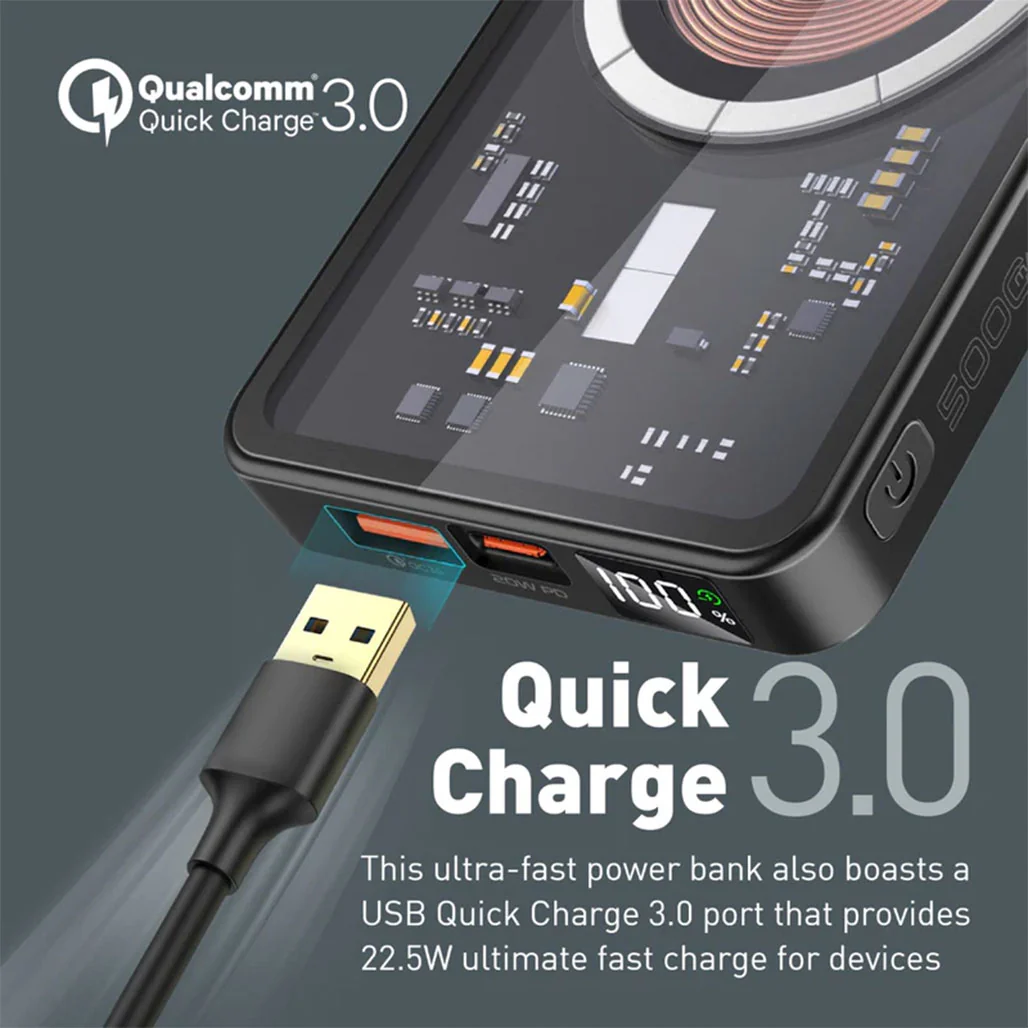 Promate TransPack-5 Transparent 15W MagSafe Wireless Charging Power Bank - 5000mAh with 20W Power Delivery & Quick Charge 3.0 - Image 6