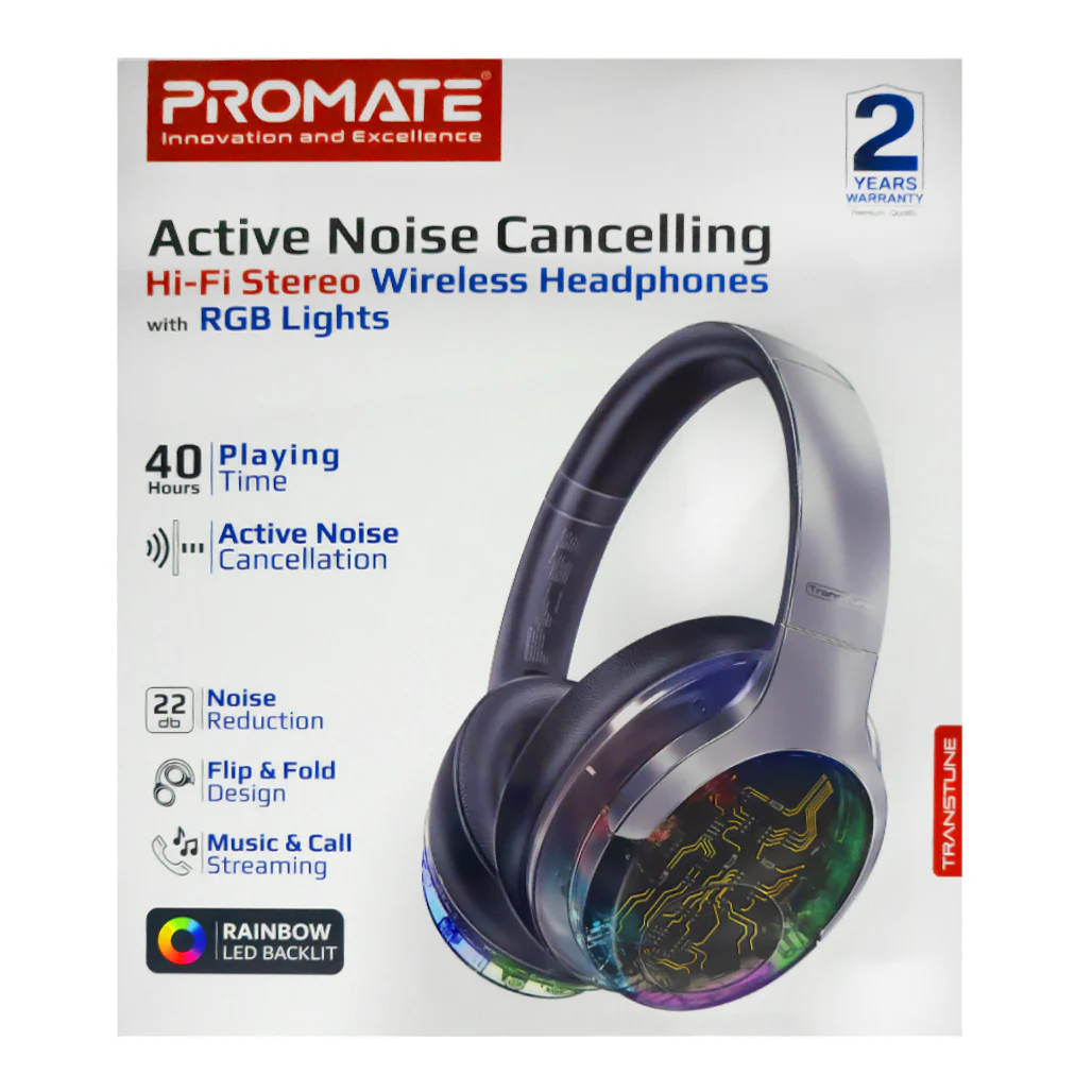 Promate Transtune - ANC Wireless Headphones with RGB Lights | Silver - Image 3