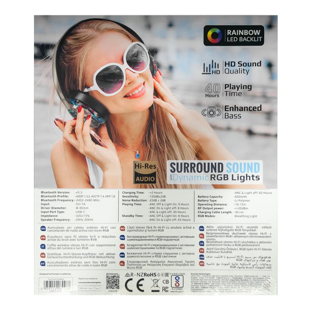 Promate Transtune - ANC Wireless Headphones with RGB Lights | Silver - Image 4