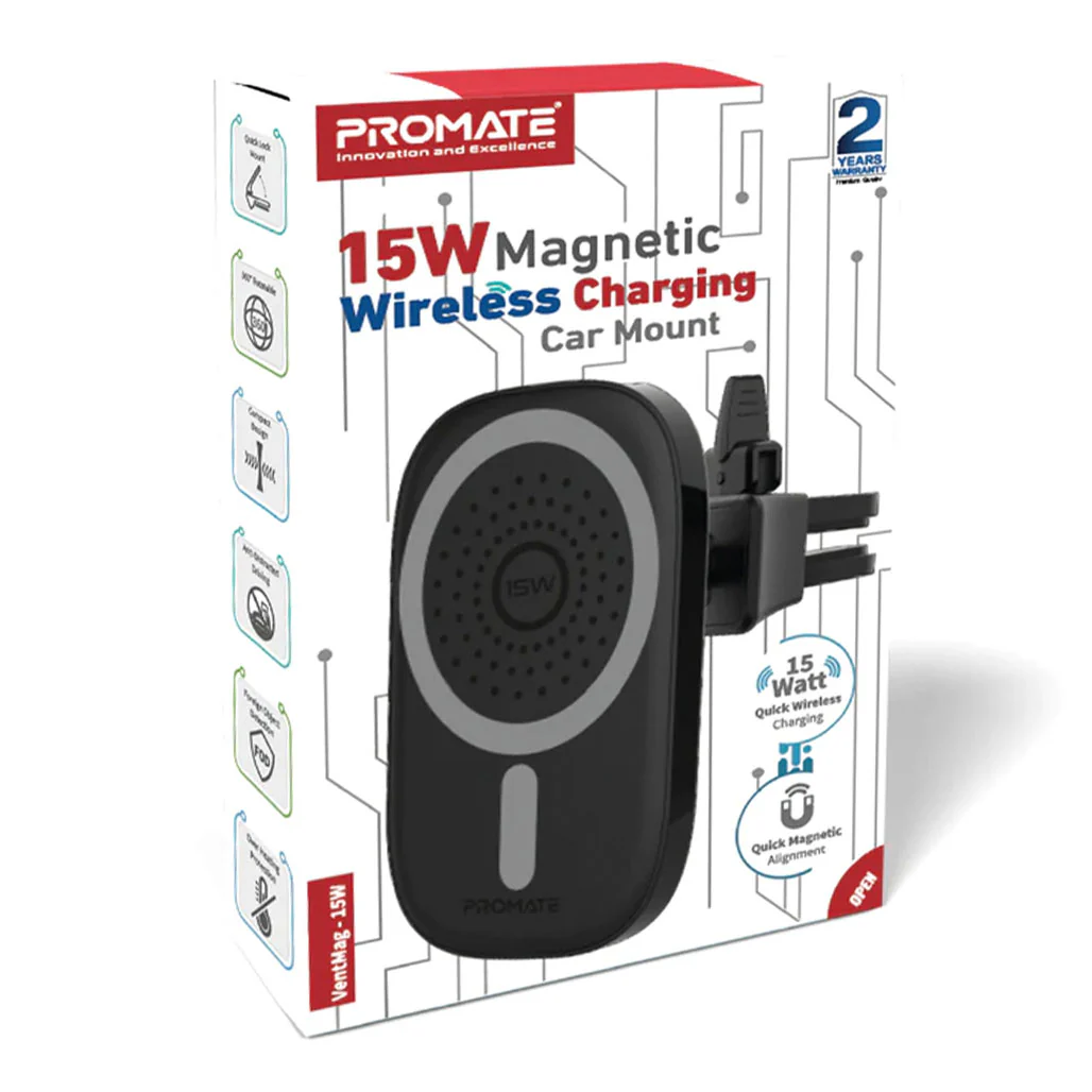 Promate VentMag-15W Magnetic Wireless Charging Car Mount | 15W Fast Charging, MagSafe Compatible, No-Arm Design - Image 2