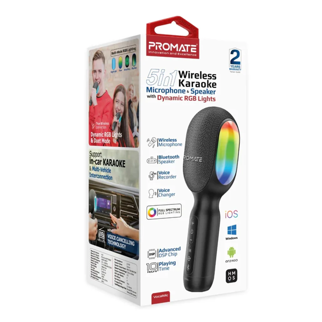 Promate VocalMic 5-in-1 Wireless Karaoke Microphone & Speaker -Black - Image 5