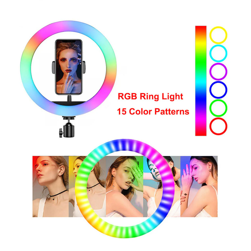 RGB LED Ring Light with Phone Clip – Adjustable Brightness and Color for Photography, Video, and Live Streaming
