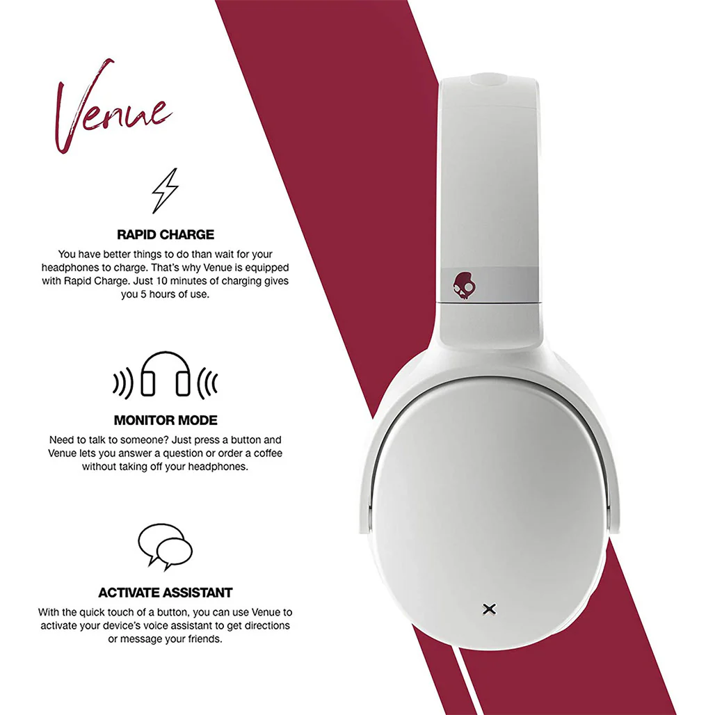 Skullcandy Venue Wireless ANC Over-Ear Headphones | White/Crimson - Image 3