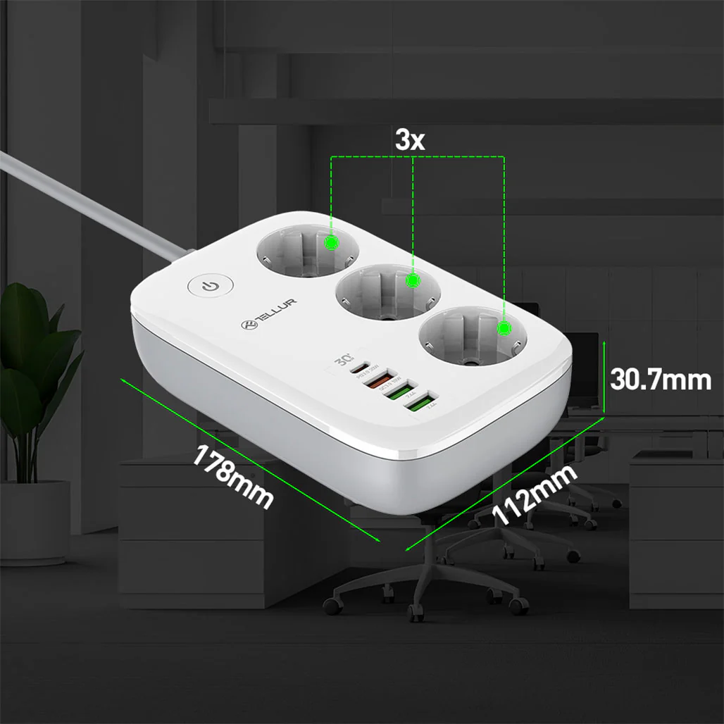 Tellur Smart WiFi Power Strip with 3 Outlets, PD30W, QC18W, 2xUSB 2.4A, 2500W, 10A, 2m Cable - White - Image 3