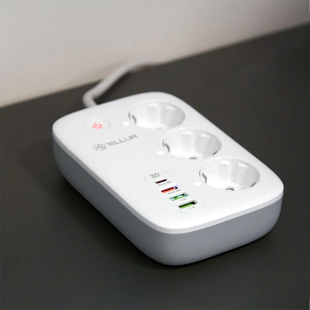 Tellur Smart WiFi Power Strip with 3 Outlets, PD30W, QC18W, 2xUSB 2.4A, 2500W, 10A, 2m Cable - White - Image 4