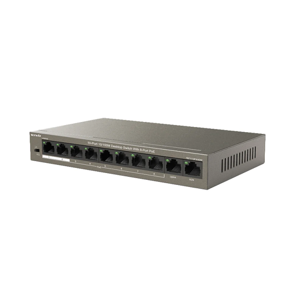 Tenda TEF1110P-8-63W 10-Port Fast Ethernet PoE+ Switch – 8 PoE Outputs + 2 Uplink Ports - Image 2
