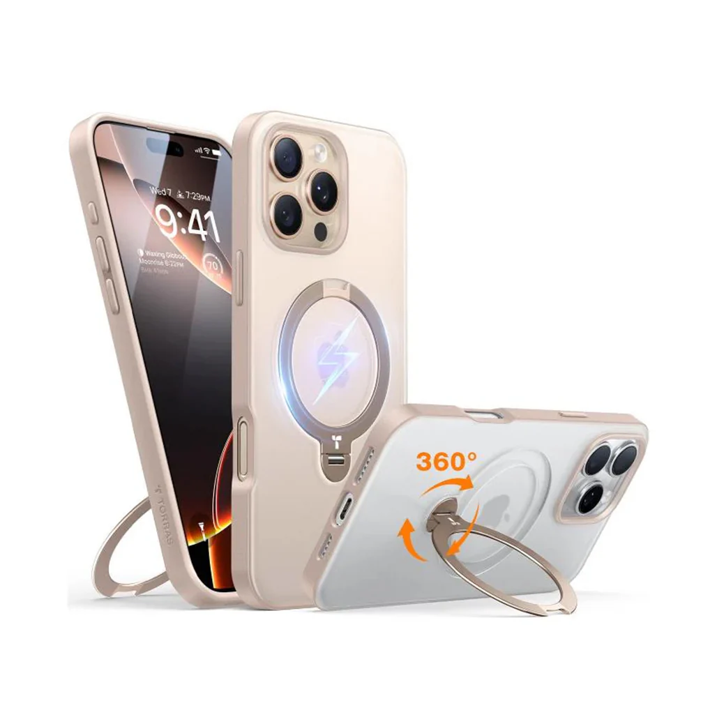 Torras 360° Spin Stand MagSafe Case for iPhone 16 Pro Max – Desert Gold | Shockproof, Magnetic, and Multi-Angle Stand Protection