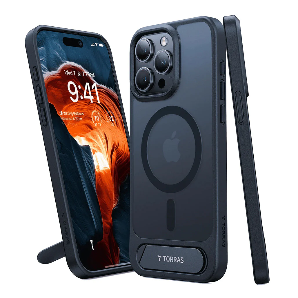 Torras Pstand Black iPhone 15 Pro Case with Integrated Stand | Super Thin Protection & Magnetic Charging