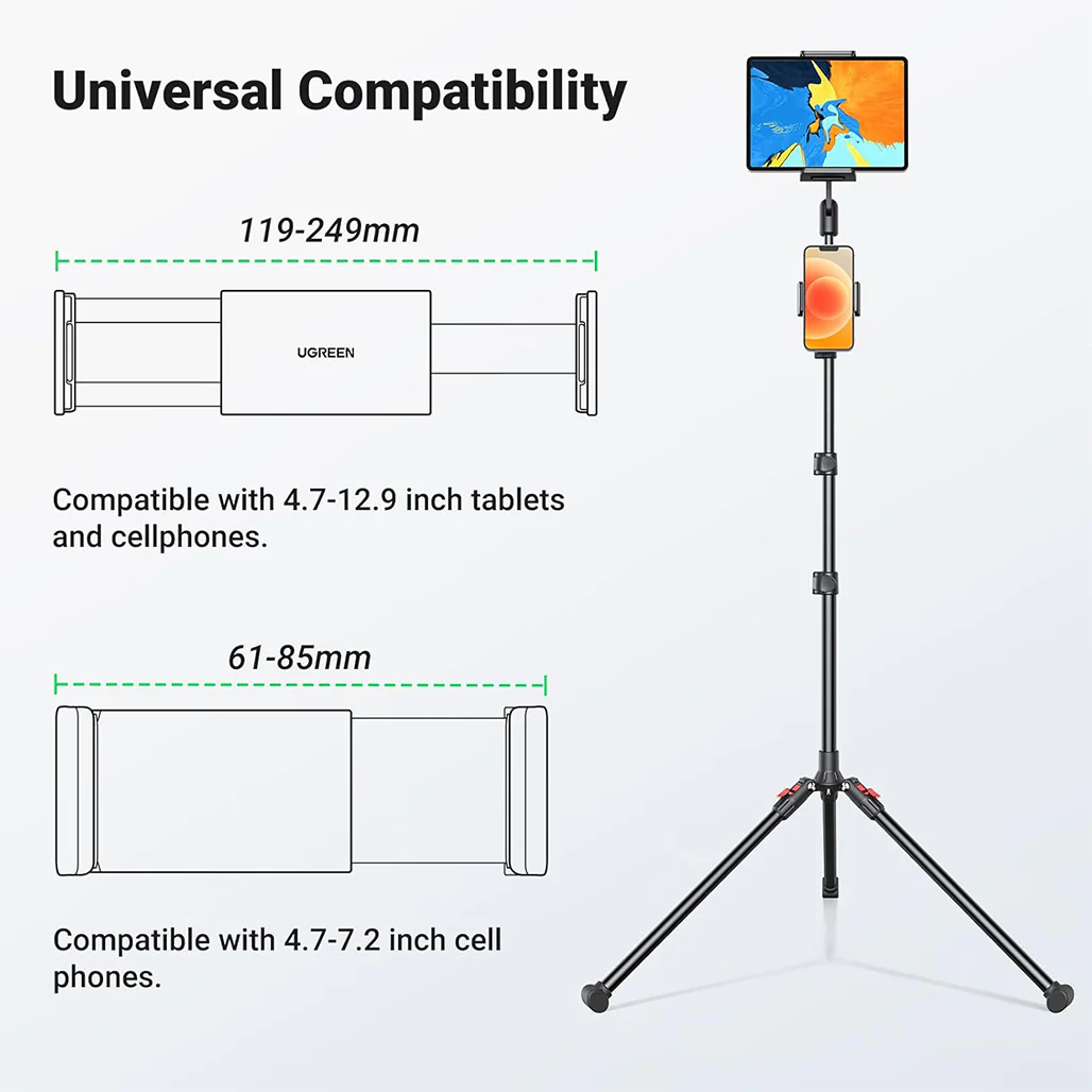UGREEN 1.7m Adjustable Tripod Stand for Phone and Tablet | Dual Holders, 360° Adjustment, Aluminum Sturdy Base - Image 8