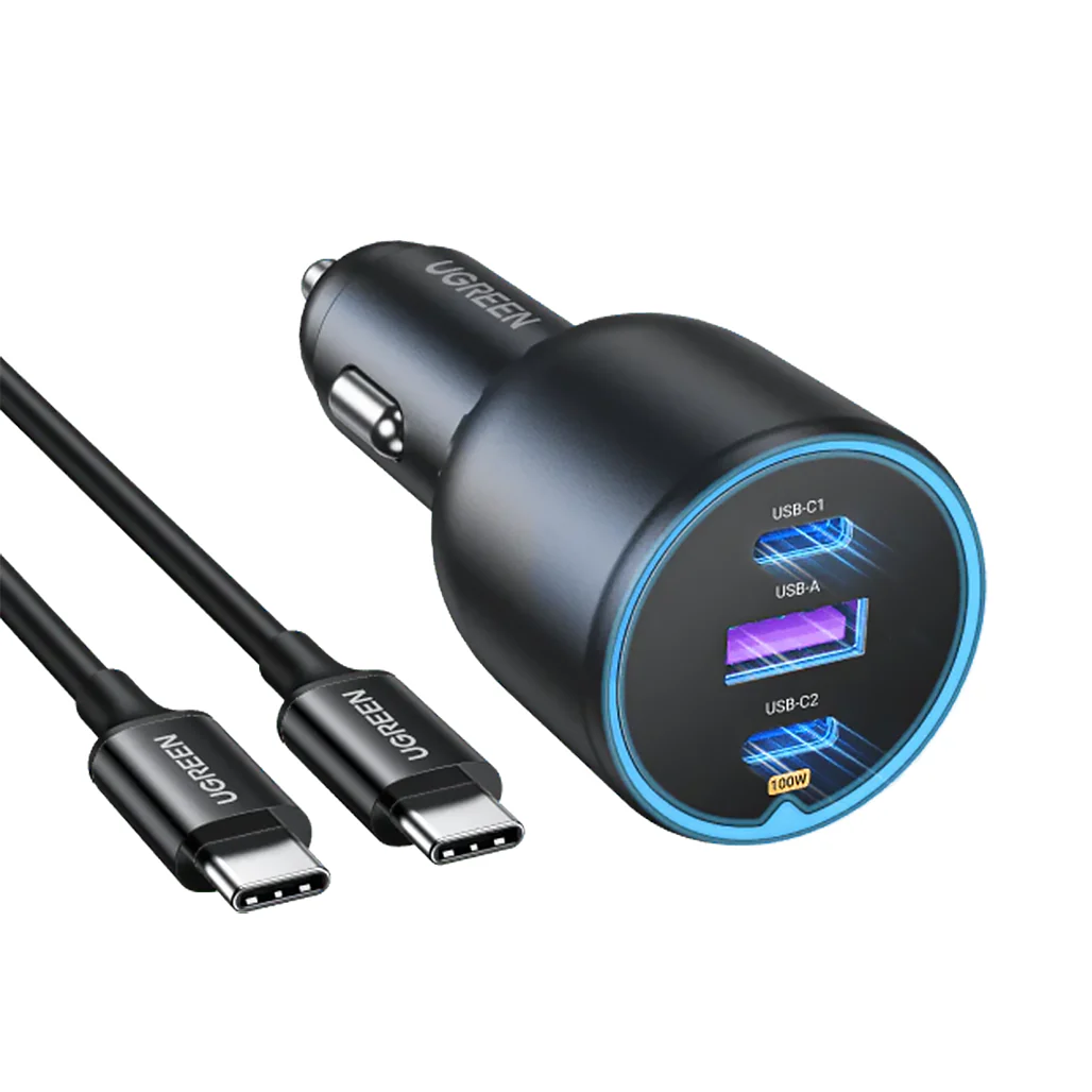 Ugreen 130W USB-C Car Charger – Fast Charging with LED Display for Laptops, iPhones, iPads, Galaxy & More