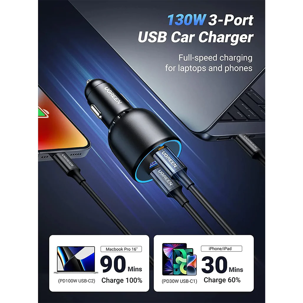 Ugreen 130W USB-C Car Charger – Fast Charging with LED Display for Laptops, iPhones, iPads, Galaxy & More - Image 2