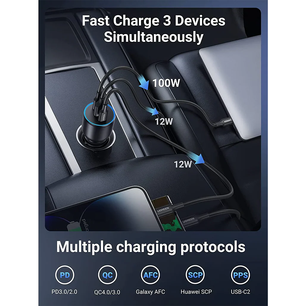 Ugreen 130W USB-C Car Charger – Fast Charging with LED Display for Laptops, iPhones, iPads, Galaxy & More - Image 3