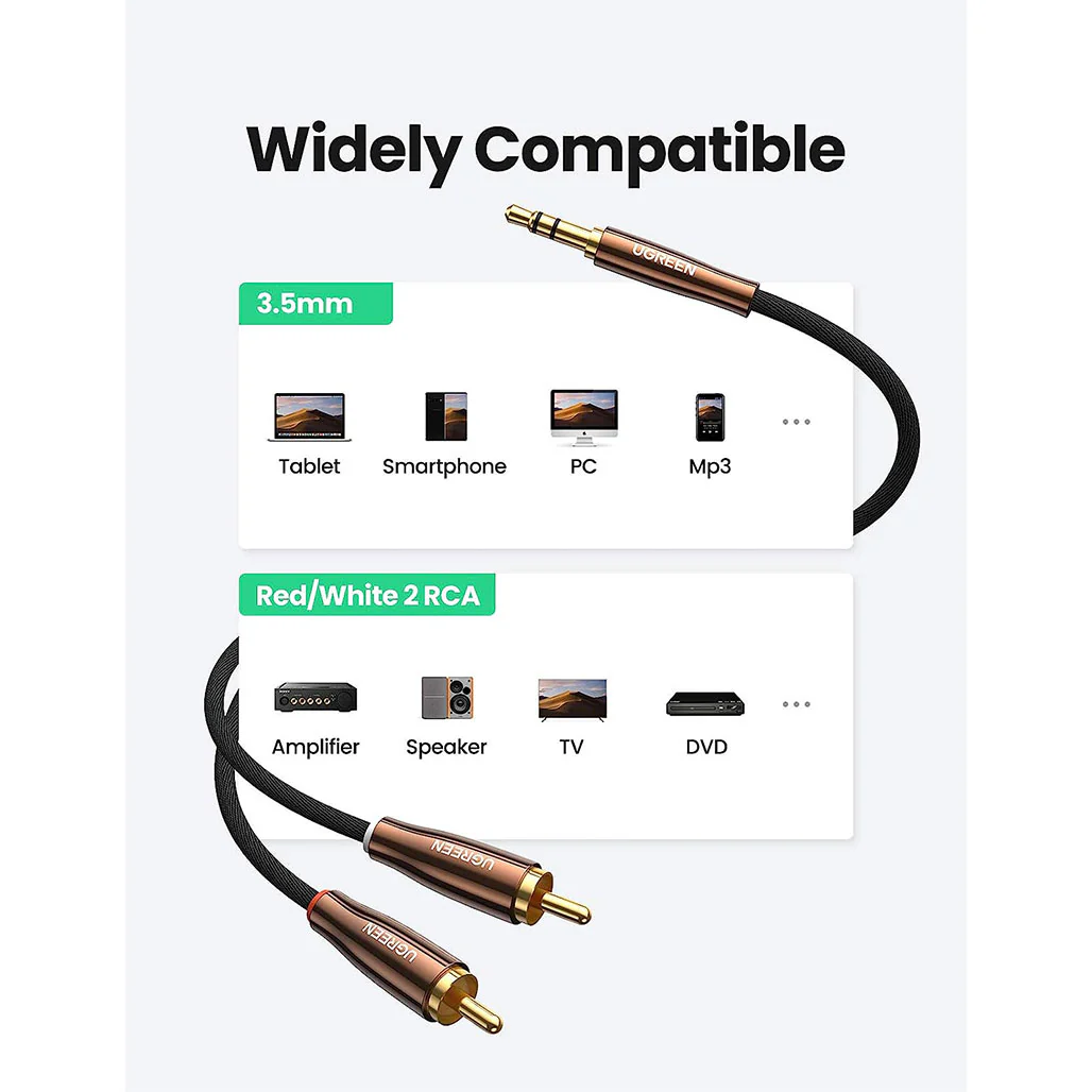 UGreen 3.5mm AUX Male to 2 Male RCA Braided Cable – High-Fidelity Audio Adapter, 6FT - Image 3
