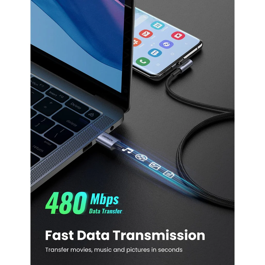 Ugreen 50942 Angled USB-C Male To USB2.0 A Male 3A Data Cable Black 2M - Image 5