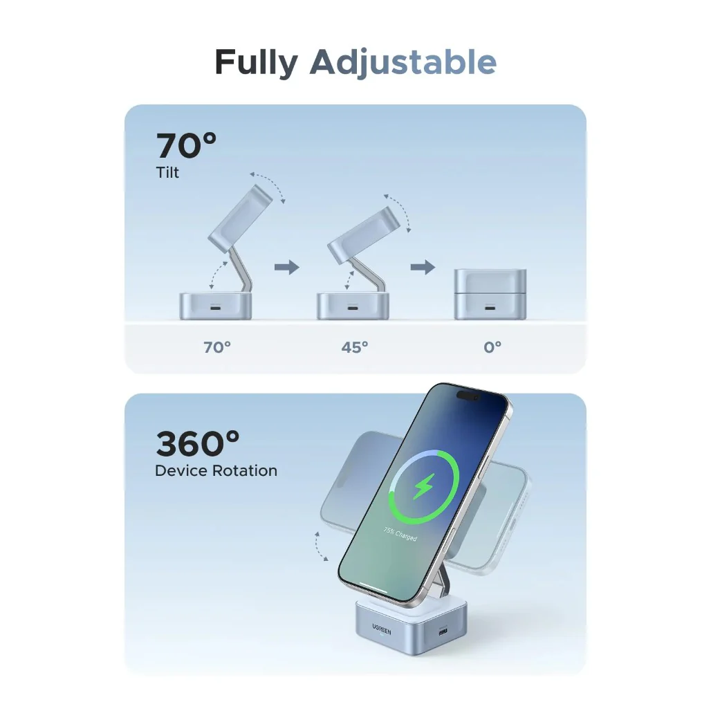 Ugreen 55960B MagFlow 2-in-1 Magnetic Wireless Charger - Qi2 25W MagSafe-Compatible Charging Stand - Image 3