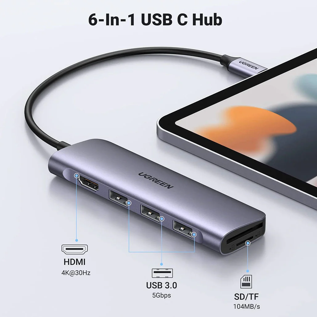 UGreen 6-in-1 USB-C Multifunction Adapter with 4K HDMI, SD/TF Card Readers - Image 2