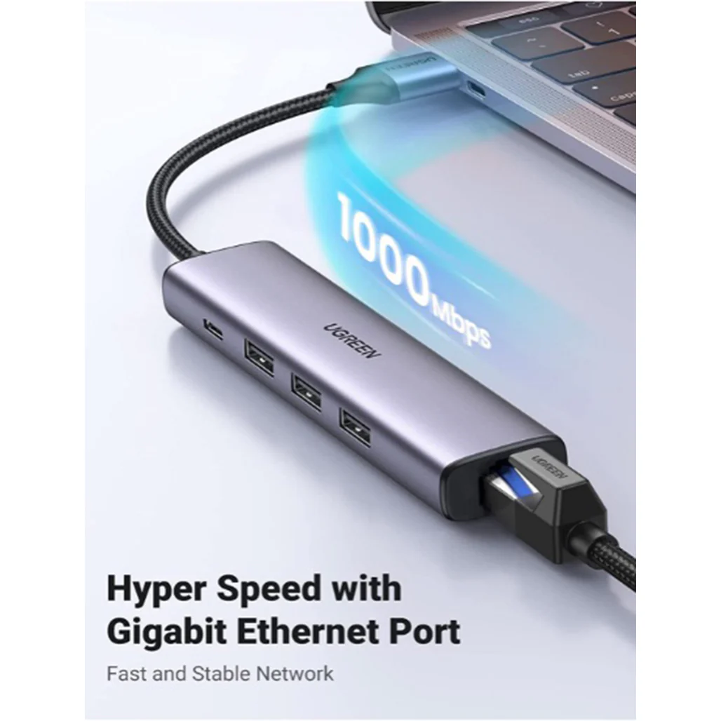 UGREEN 60554 USB 3.0 to Ethernet Adapter – 5-in-1 Multiport Hub with Gigabit Ethernet, 3 USB 3.0 Ports, and Type-C Power Supply - Image 3