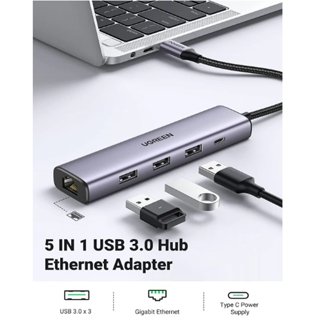 UGREEN 60554 USB 3.0 to Ethernet Adapter – 5-in-1 Multiport Hub with Gigabit Ethernet, 3 USB 3.0 Ports, and Type-C Power Supply - Image 5