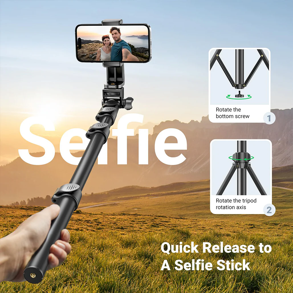 UGREEN 70-Inch Aluminum Phone Tripod with Bluetooth Remote | Sturdy & Adjustable Selfie Stick for iPhone, Galaxy, GoPro - Image 7