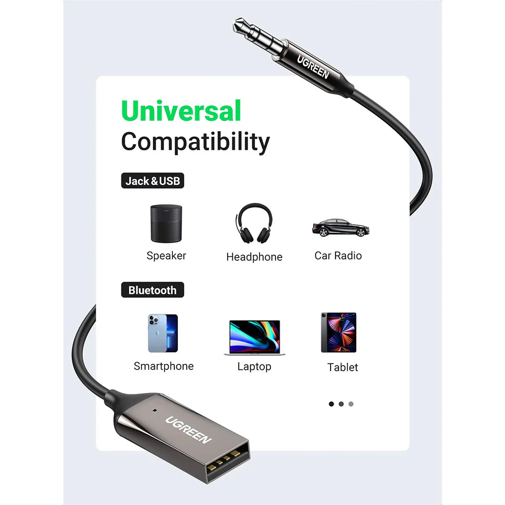 UGreen 70601 Bluetooth Aux Adapter – Car Aux Bluetooth v5.0 Receiver with 3.5mm Jack and Built-in Microphone for Stereo Music Streaming and Hands-Free Calls - Image 2
