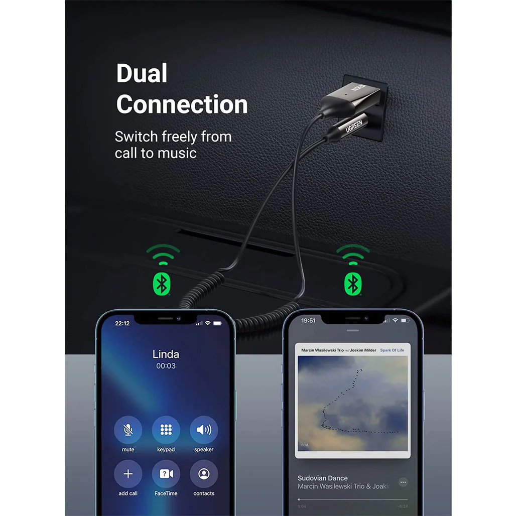 UGreen 70601 Bluetooth Aux Adapter – Car Aux Bluetooth v5.0 Receiver with 3.5mm Jack and Built-in Microphone for Stereo Music Streaming and Hands-Free Calls - Image 4
