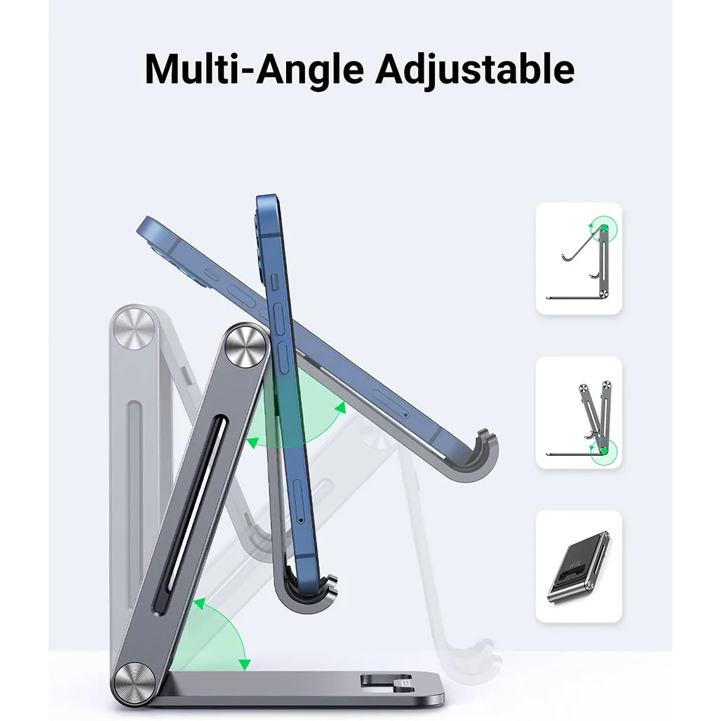 UGREEN Adjustable Aluminum Phone Holder – Foldable & Portable Stand with Cable Cut-out - Image 3