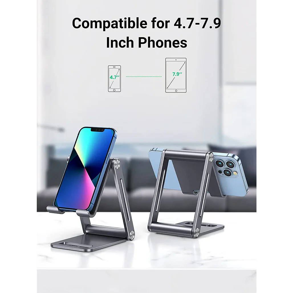UGREEN Adjustable Aluminum Phone Holder – Foldable & Portable Stand with Cable Cut-out - Image 5